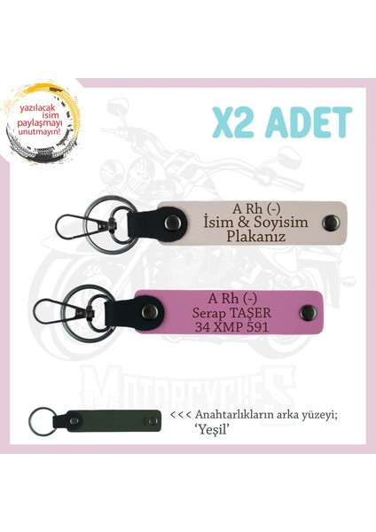 Motor Severlere, Isim Plaka ve A Rh (-) Kan Grubu, Özel Tasarım Deri X2 Anahtarlık, Pudra-Pembe-Ysl