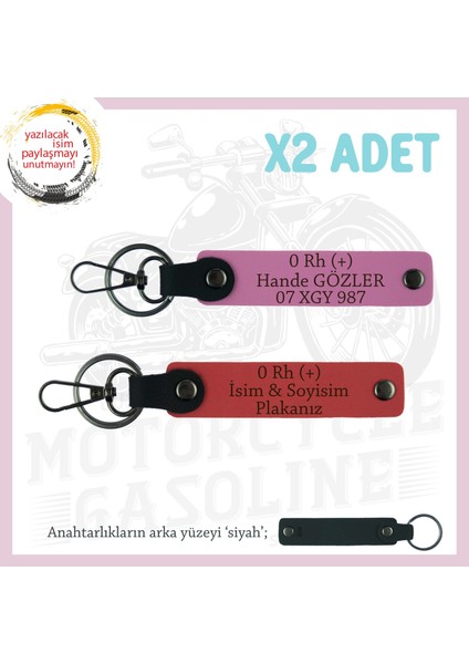 Yolların Sürücülerine, Isim Plaka ve 0 Rh (+) Kan Grubu Yazılı X2 Anahtarlık, Nar Çiçeği-Pembe-Syh