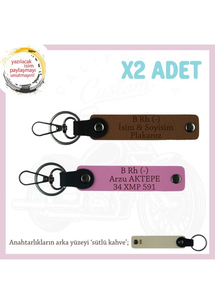 Motosiklet Aşıkları Için, Isim Plaka ve B (-) Kan Grubu Yazılı Kişisel X2 Anahtarlık, Kahve-Pembe-Sk