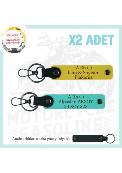 Motor Severlere Isim Plaka ve A Rh (-) Kan Grubu Yazılı Özel Tasarım X2 Anahtarlık, Sarı-Turkuaz-Syh