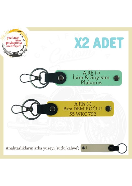 Motosiklet Severlere Özel, Isim Plaka ve A Rh (-) Kan Grubu Yazılı X2 Anahtarlıkları, Yeşil-Sarı-Sk