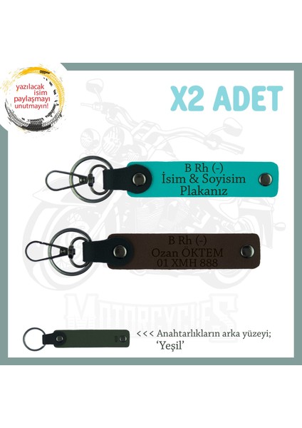 Motor Tutkunlarına Özel, Isim Plaka ve B- Kan Grubu Yazılı Özel X2 Anahtarlık, K Turkuaz-K Kahve-Ysl
