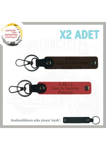 Motor Severlere Özel, Isim Plaka ve A Rh (-) Kan Grubu Yazılı X2 Anahtarlık, Nar Çiçeği-K Kahve-Syh