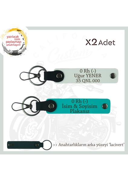 Hediyelik Isim Plaka ve 0 Rh (-) Kan Grubu Yazılı Özel X2 Anahtarlık, K Turkuaz-Beyaz-Laci
