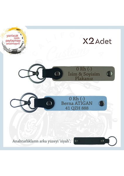 Motosiklet Aşıkları Için Isim Plaka ve 0 Rh (-) Kan Grubu Yazılı X2 Anahtarlık Set, Kül Gri-Mavi-Syh