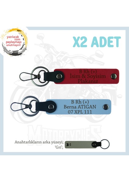 Biker Stiline Özel, Isim Plaka ve B+ Kan Grubu Yazılı Anlamlı Motor X2 Anahtarlık, Kırmızı-Mavi-Gr