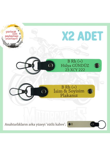 Bikerlar Için Özel, Isim Plaka ve B Rh (+) Kan Grubu Yazılı Hediyelik X2 Anahtarlık, Sarı-F Yeşil-Sk