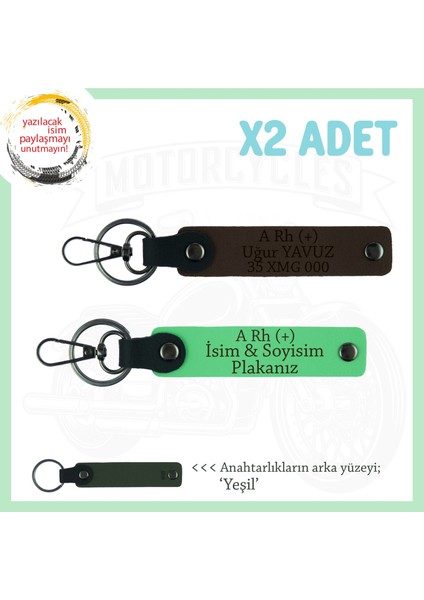 Hız Severlere Isim Plaka ve A Rh (+) Kan Grubu Yazılı X2 Motorcu Anahtarlık, K Kahve-F Yeşil-Ysl