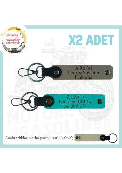 Motor Tutkunlarına Isim Plaka, A + Kan Grubu Yazılı Özel Üretim X2 Anahtarlık, Kül Gri-K Turkuaz-Sk