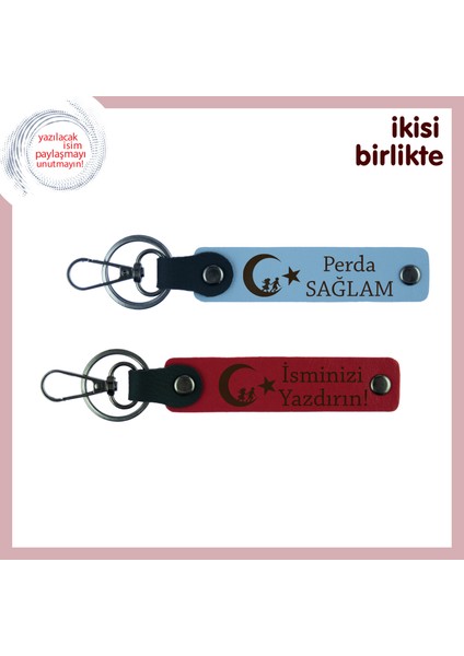 Aile Üyelerine Özel – Çocuk ve Ayyıldız Temalı, Isimli 2’li Anahtarlık Takımı, Gök Mavi-Kırmızı