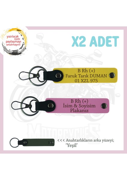 Motosiklet Severlere Özel, Isim Plaka ve B Rh (+) Kan Grubu Acil Durum X2 Anahtarlık, Sarı-Pembe-Ysl