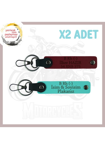 Turkuaz-Bordo, Motor Tutkununa Özel Isim Plaka ve B (-) Kan Grubu Yazılı Özel Üretim 2'li Anahtarlık