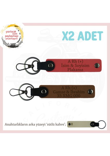 Biker Stiline Özel, Isim Plaka ve A Rh (+) Kan Grubu Yazılı Motor X2 Anahtarlık, Nar Çiçeği-Kahve-Sk