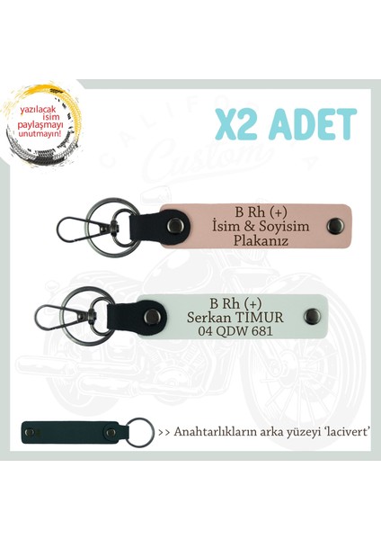 Motorcu Friends Hediye, Isim Plaka ve B Rh (+) Kan Grubu Yazılı X2 Anahtarlık, Yavruağzı-Beyaz-Laci