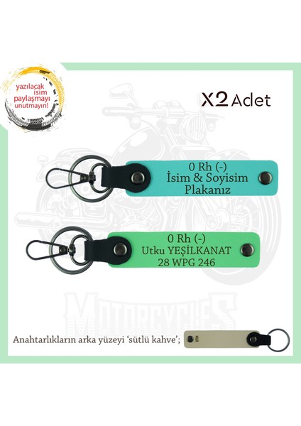 Biker Stiline Özel, Isim Plaka ve 0 Rh (-) Kan Grubu Yazılı Deri X2 Anahtarlık, Turkuaz-F Yeşil-Sk