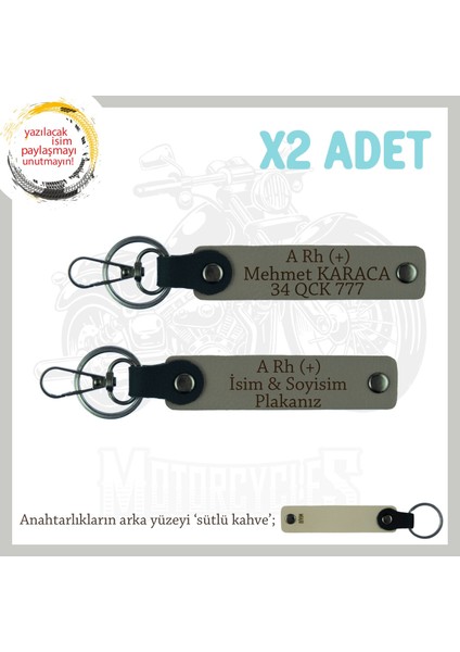 Motorcu Dostlara Özel, Isim Plaka ve A Rh (+) Kan Grubu Güvenli Sürüş X2' Li Anahtarlık, Kül Gri-Sk