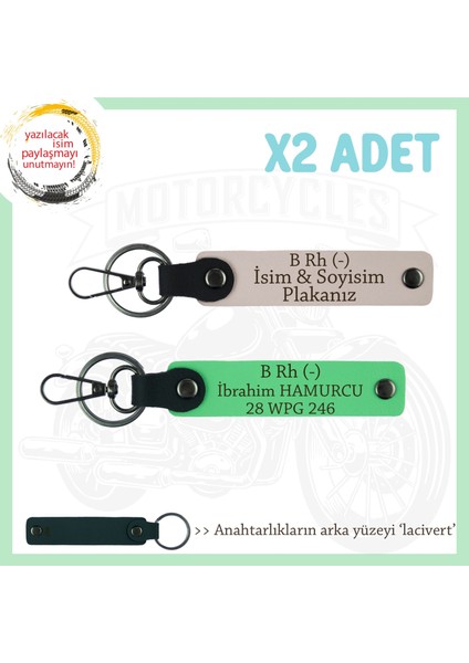 Hız Severlere Özel, Isim Plaka ve B Rh (-) Kan Grubu Yazılı Deri X2 Anahtarlık, Pudra-F Yeşil-Laci