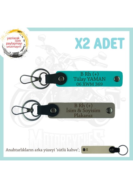 Motor Tutkunlarına Isim Plaka, B + Kan Grubu Yazılı Özel Üretim X2 Anahtarlık, Kül Gri-K Turkuaz-Sk