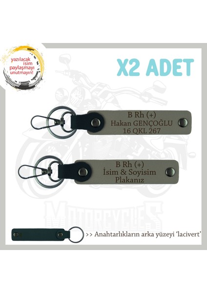 Motorcu Kuryelere Özel, Isim Plaka ve B Rh (+) Kan Grubu Yazılı X2' Li Anahtarlık Set, Kül Gri-Laci