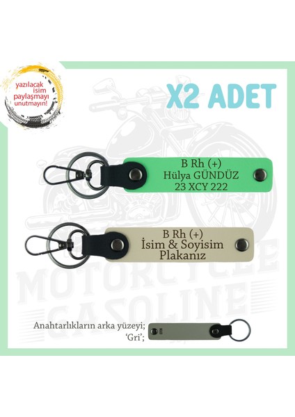 Motorcu Tarzı Plakalı & Isimli Deri X2' Li Anahtarlık, B Rh (+) Kan Grubu Ile, S Kahve-F Yeşil-Gr