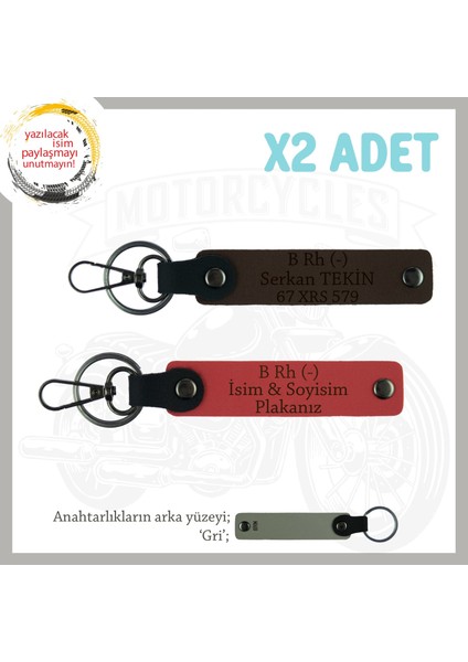 Motor Severlere Özel, Isim Plaka ve B Rh (-) Kan Grubu Yazılı X2 Anahtarlık, Nar Çiçeği-K Kahve-Gr