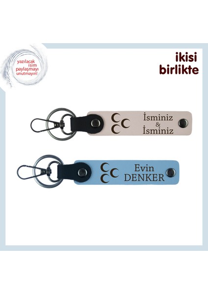 Eşine Verebileceğin En Anlamlı Hediye – Üç Hilal Deri Anahtarlık Seti, Pudra-Gök Mavi