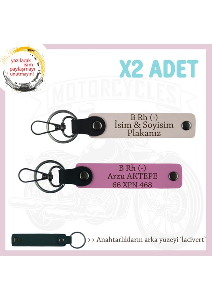 Motorcuya, Isim Plaka ve B Rh (-) Kan Grubu Yazılı Özel Tasarım Deri X2 Anahtarlık, Pudra-Pembe-Laci