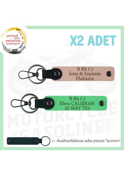 Motor Severlere Özel, Isim Plaka ve B Rh (-) Kan Grubu Yazılı X2 Anahtarlık, Yavruağzı-F Yeşil-Laci