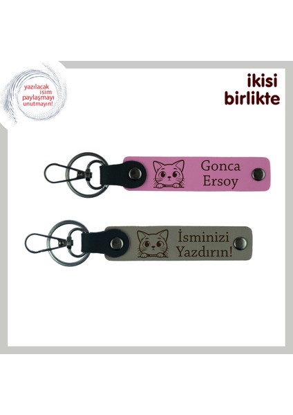 Kedi Aşkını Üzerinde Taşıyan Tasarım, Isim Yazılabilen Deri Anahtarlık Takımı, Pembe-Kül Gri