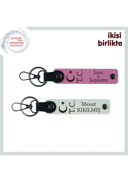 Kuzenle Paylaşılacak Hatıra – Ay Yıldız Tc Temalı Kişiselleştirilebilir Anahtarlık, Pembe-Beyaz