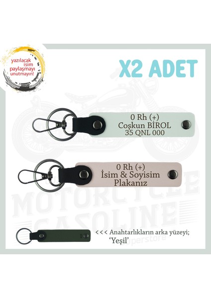 Motor Tutkunlarına Özel, Isim Plaka ve 0 Rh (+) Kan Grubu Yazılı Deri X2 Anahtarlık, Pudra-Beyaz-Ysl
