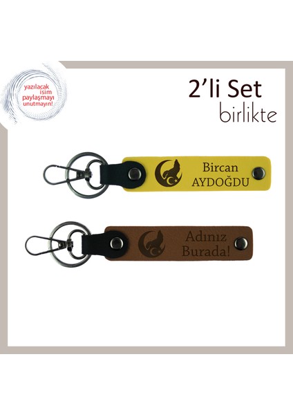 Aşkı Yaşat – Bozkurt ve Ayyıldız Desenli Kişisel Deri Anahtarlık Hediyelik Set X2, Sarı-Kahve