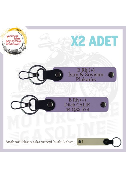 Motor Tutkunlarına, Isim Plaka ve B+ Kan Grubu Yazılı Özel Üretim X2' Li Anahtarlık, Armağan, Mor-Sk