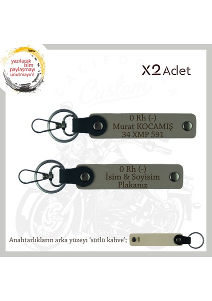 Motorcu Dostlara Özel, Isim Plaka ve 0 Rh (-) Kan Grubu Güvenli Sürüş X2' Li Anahtarlık, Kül Gri-Sk