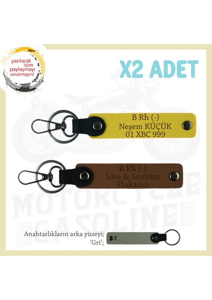 Motorsiklet Tutkunlarına Hediye Isim Plaka ve B Rh (-) Kan Grubu Yazılı X2 Anahtarlık, Kahve-Sarı-Gr