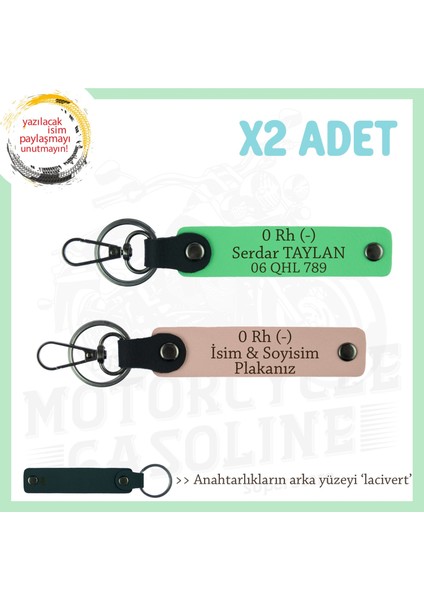 Motor Severlere Özel, Isim Plaka ve 0 Rh (-) Kan Grubu Yazılı X2 Anahtarlık, Yavruağzı-F Yeşil-Laci