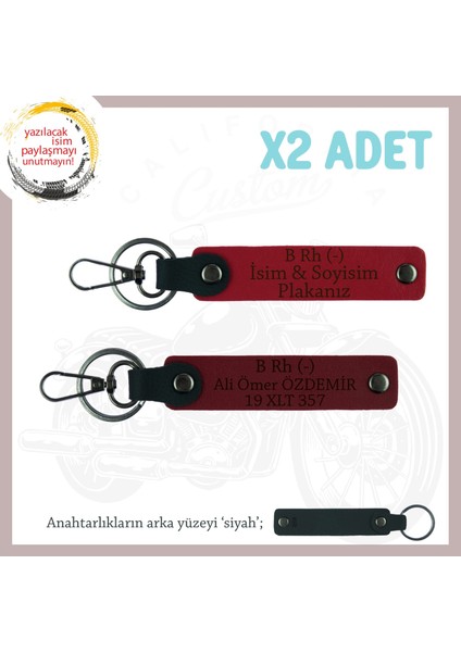 Motor Tutkunlarına, Isim Plaka ve B Rh (-) Kan Grubu Yazılı X2 Anahtarlık Set, Kırmızı-F Yeşil-Syh