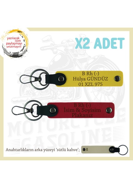 Motor Severlere Özel, Isim Plaka ve B Rh (-) Kan Grubu Yazılı Hediye X2 Anahtarlık, Kırmızı-Sarı-Sk