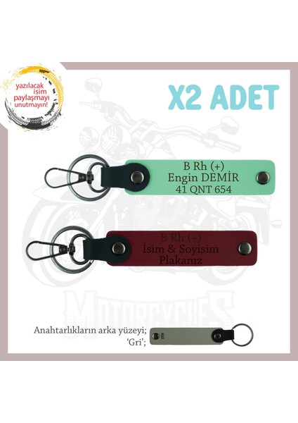 Motorcu Dostlara Özel, Isim Plaka ve B Rh (+) Kan Grubu Yazılı X2 Anahtarlık Set, Yeşil-Bordo-Gr