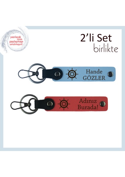 Rotanı Belirleyen Hediyelik Tasarım, Gemi Dümeni Figürlü Deri Set, Gök Mavi-Nar Çiçeği