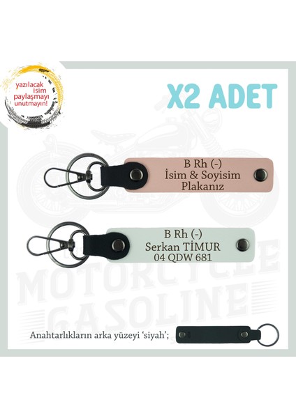 Motosiklet Sevene, Isim Plaka ve B Rh (-) Kan Grubu Yazılı Deri 2'li Anahtarlık, Yavruağzı-Beyaz-Syh