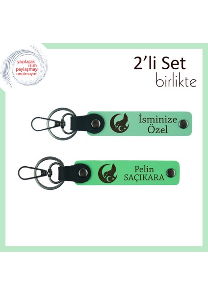 En Yakın Dostuna Armağan Bozkurt ve Ayyıldız Temalı Kişisel 2’li Anahtarlık Seti, Açık Yeşil-Yeşil