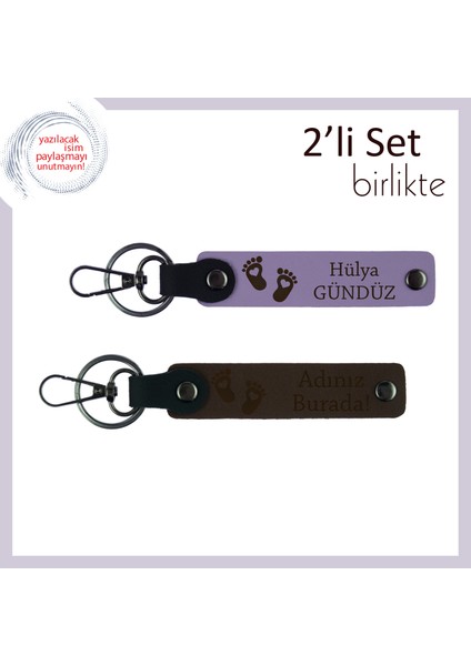Isim Yazılabilir Kalpli Bebek Ayağı Desenli Deri Anahtarlık, Şık ve Anlamlı Hediye, Lila-Koyu Kahve