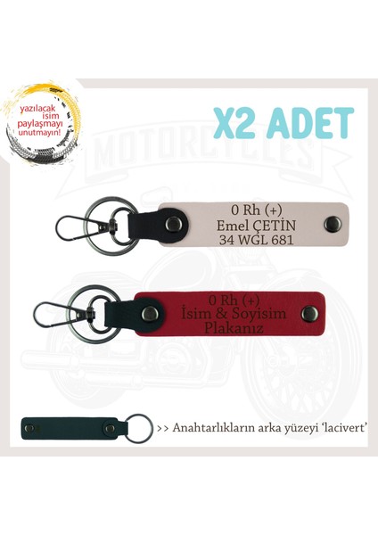 Otomobile Isim Plaka ve 0 Rh (+) Kan Grubu Yazılı Kişiye Özel X2 Anahtarlık Set, Kırmızı-Pudra-Laci
