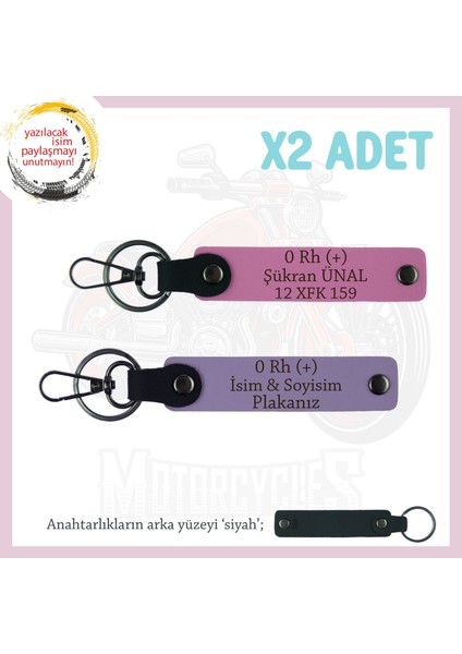 Motor Severlere Özel, Isim Plaka ve 0 Rh (+) Kan Grubu Özel Tasarım X2' Li Anahtarlık, Mor-Pembe-Syh