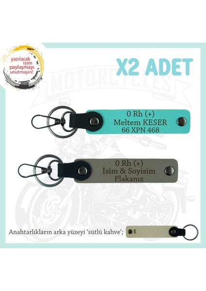 Tarz Sahibine, Isim Plaka ve 0 Rh (+) Kan Grubu Yazılı Hediye X2 Anahtarlık Set, Kül Gri-Turkuaz-Sk