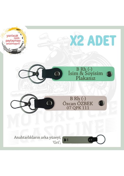 Motorcu Tarzına, Isim Plaka ve B Rh (-) Kan Grubu Yazılı Hediyelik X2 Anahtarlık Set, Yeşil-Pudra-Gr