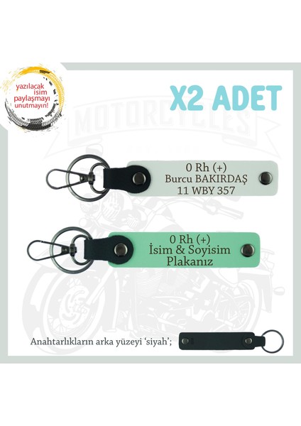 Hız Tutkunlarına Özel Isim Plaka, 0 Rh (+) Kan Grubu Yazılı Deri X2 Anahtarlık Set, Yeşil-Beyaz-Syh