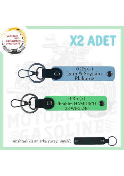 Biker Dostlarına, Isim Plaka ve 0 Rh (+) Kan Grubu Yazılı, Motor X2' Li Anahtarlık, Mavi-F Yeşil-Syh