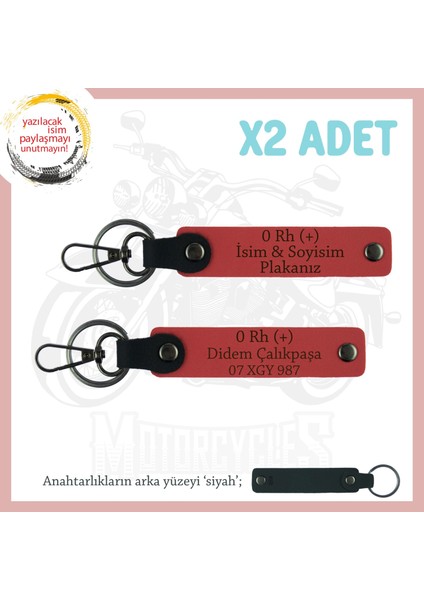 Motor Severlere Hediye Isim Plaka ve 0 Rh (+) Kan Grubu Yazılı X2 Anahtarlık Deri, Nar Çiçeği-Syh